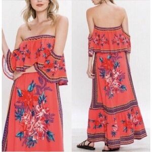 Flying Tomato Off Shoulder‎ Coral Floral Dress